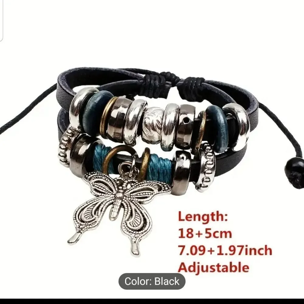 Leather bracelet adjustable butterfly